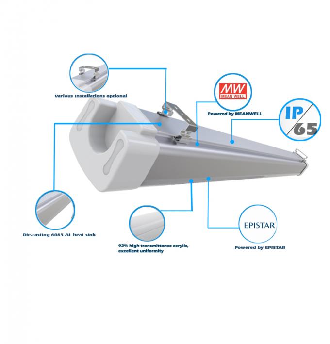 High Output IP65 Vapour Proof Light Fixtures 3ft 30W Suspended / Surface Mounted